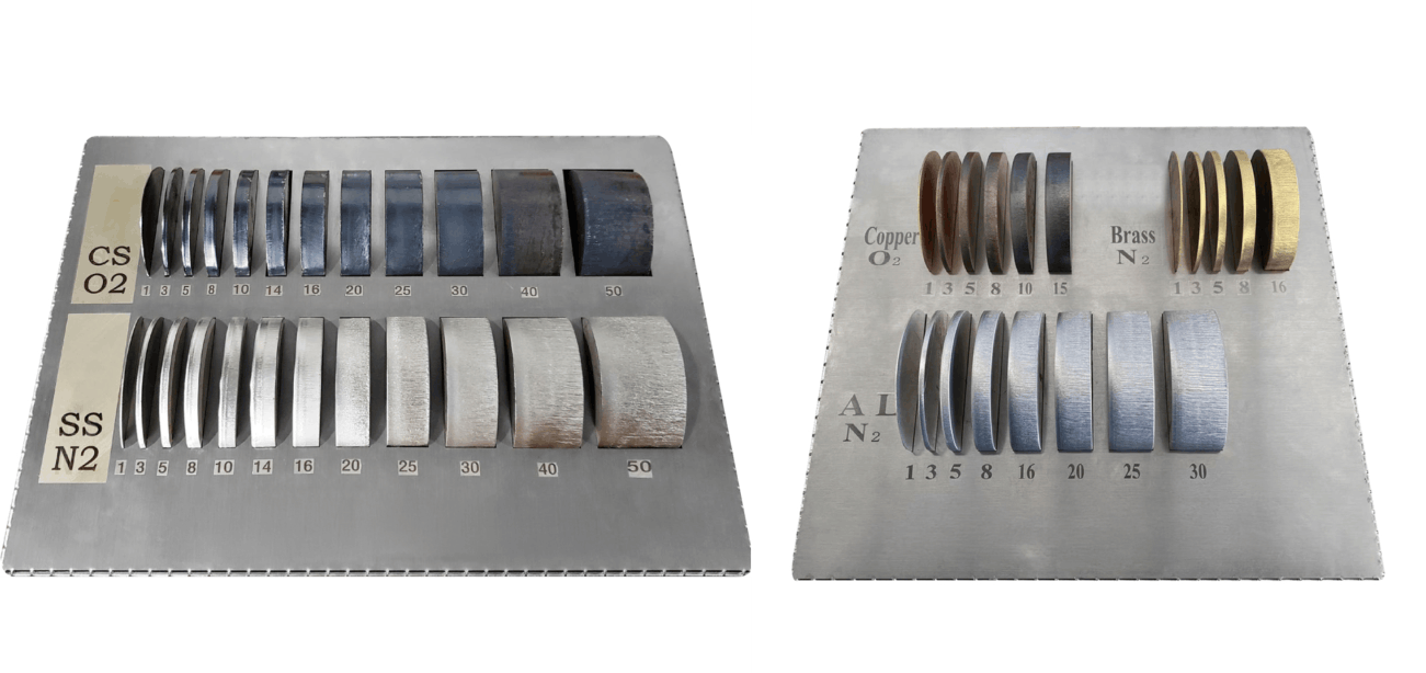 Cut sample coupons in carbon steel, stainless, aluminum, copper and brass